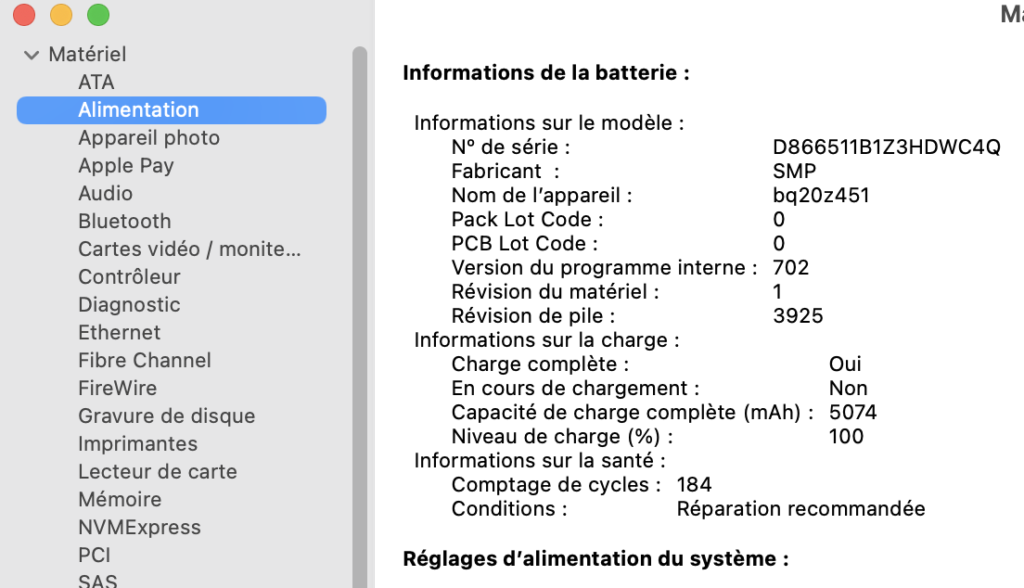 Caractéristiques des Batterie - informations